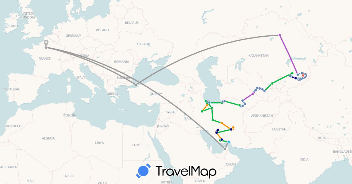 TravelMap itinerary: driving, bus, plane, cycling, train, hiking, boat, hitchhiking in United Arab Emirates, France, Iran, Kyrgyzstan, Kazakhstan, Turkmenistan, Turkey, Uzbekistan (Asia, Europe)